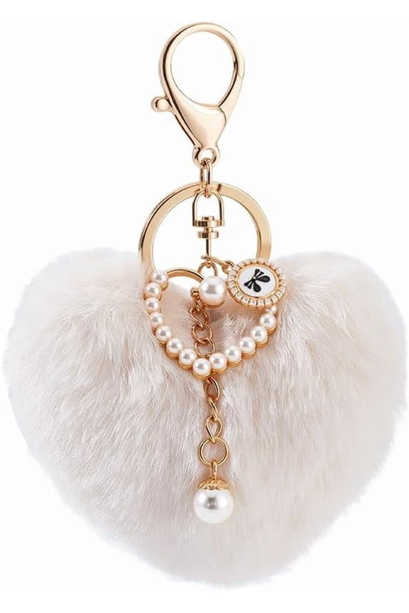 1pc Heart Pom Pom Keychains Fuzzy Ball Keychain with Imitation Pearl Fluffy Keyring for Gifts Bag Decoration Fibre