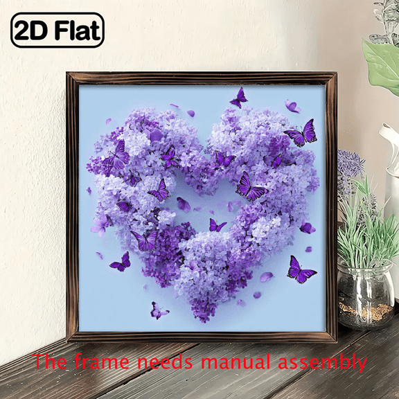 1pc Heart-Shaped Lilac and Butterfly Decoration Country Style Wooden Frame, Purple Flowers and Butterflies, Perfect for spring, Valentine'S Day, Easter and Holiday Gifts, Home Decoration, Butter