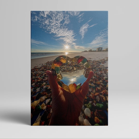 1pc Heart - Shaped Sea Glass on Beach with Sun Setting Framed Decor room hanging Wall Picture Decor for Home Gifts, living room, bathroom, bedroom, kitchen wall art decor canvas wall art