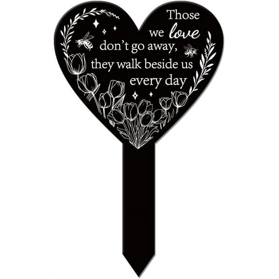 1pc Heart Shaped Tulip Bee Garden Stake Memorial Remembrance Plaque Stake for Cemetery Acrylic Waterproof Sympathy Garden Stakes for Yard Grave Cemetery Black