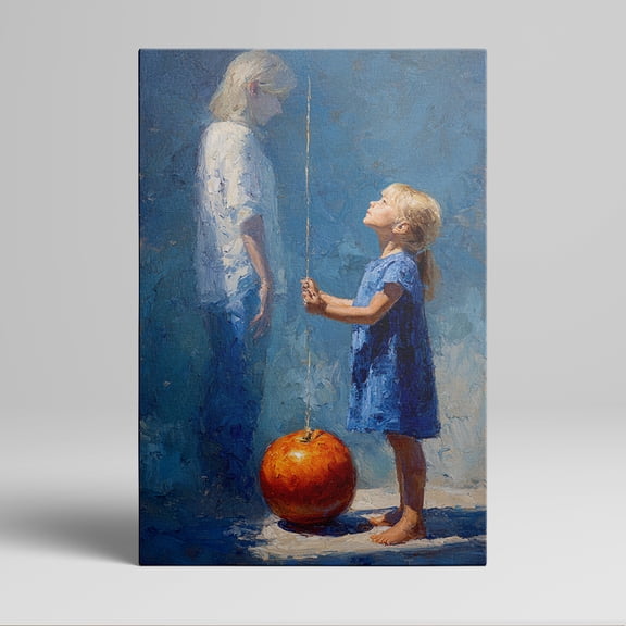 1pc Heart - warming Canvas Painting of a Little Girl Looking Up at a Figure with a Large Hanging Orange - framed Decor room hanging Wall Picture Decor for Home Gifts, living room, bathroom, bedroom,