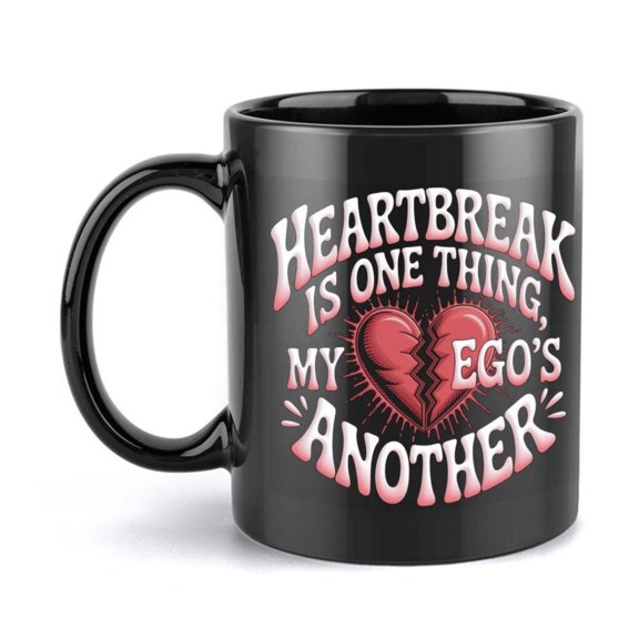 1pc Heartbreak Funny Ceramic Mug 11oz Coffee Cup with Heartbreak is One Thing My Ego s Another Design Black with Pink Text Broken Heart Graphic Birthdays Holidays Office Family Parties Weddings