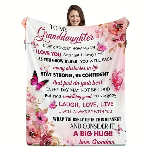1pc Heartwarming To My Granddaughter Letter Blanket Soft Flannel Butterfly Pattern Growing Gift for Grandma and Granddaughter