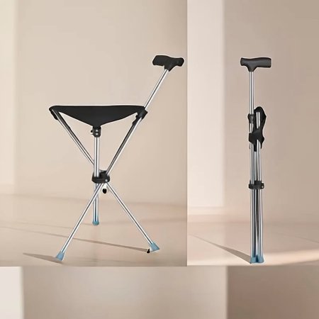 1pc Heavy-Duty Adjustable Height Folding Cane Chair with Seat - 330 lbs Capacity, Lightweight Portable Design, Sturdy Backrest & Non-Slip Foot Pads