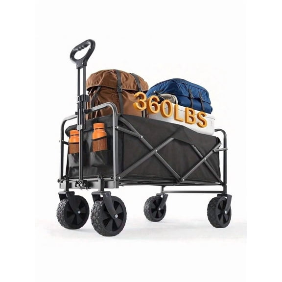 1pc Heavy Duty Collapsible Foldable Utility Wagon Cart With All-Terrain Wheels, 360LB Capacity Metal Frame & Plastic Tires For Beach, RV Storage, Camping, Sports - Black, Camping Utility Cart
