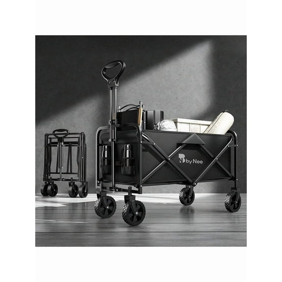 1pc Heavy Duty Collapsible Utility Wagon Cart - 450LB Capacity Metal Frame, All-Terrain Wheels for Beach, Camping, RV & Sports, Foldable Black Wago