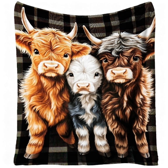 1pc Heavy-Duty Highland Cow Blanket, Extra Large Small, All-Season, Soft Plush, Thickened Flannel - Scottish Cow Print Brown Black White Grey - Cozy