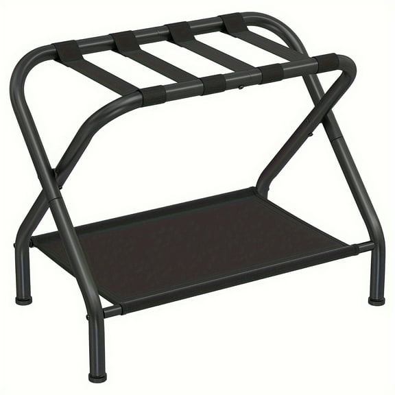 1pc Heavy-Duty Metal Luggage Rack With Shelf, Foldable Suitcase Stand, Black, For Home & Hotel Use, Fits Various Suitcase Sizes
