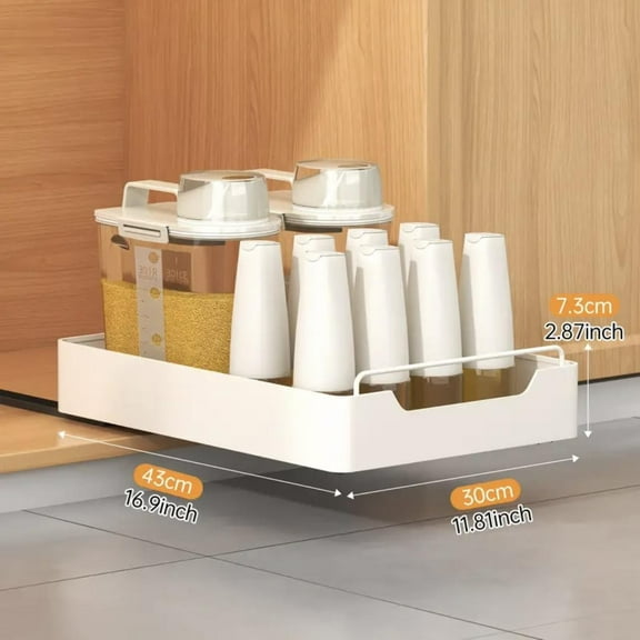 1pc Heavy-Duty Metal Pull-Out Cabinet Organizer – Expandable Slide-Out Shelf with Varnished Finish and Nano Adhesive Layer for Versatile Kitchen, Pantry, Bathroom Organization