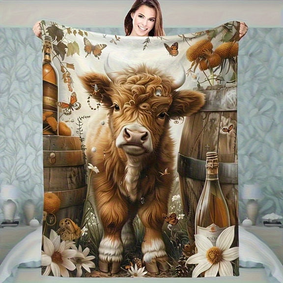 1pc Heavyweight Soft Flannel Blanket - Brown/Beige/White/Black Farmhouse Decor Throw with Rustic Yak, Durable All-Season Couch, Bed, Travel, Office, Camping - Luxury Birthday/ Anniversary Gift