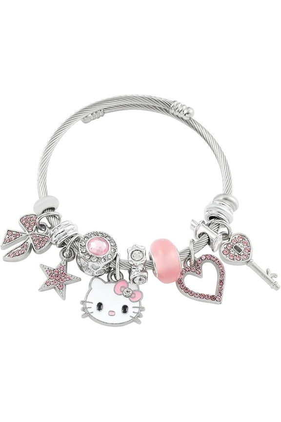 1pc Hello Anime Kitty Bracelet | Pink Pendant, Silvery Zinc Alloy, Cute Y2K Style, Suitable for Daily Wear and Gift-Giving
