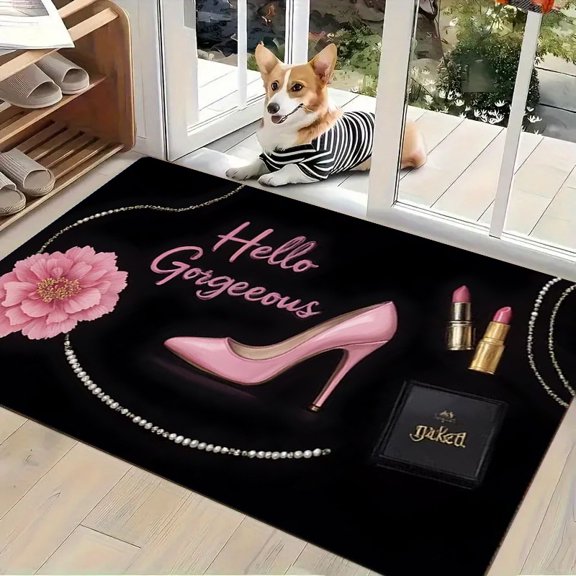 1pc Hello Gorgeous Floral Welcome Mat - Non-Slip Indoor/Entryway with PVC Backing, Soft Flannel Suitable for Home Decor, Front Door, Living Room - Ideal Holiday Gift