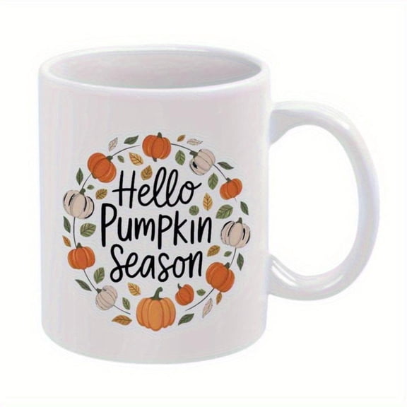 1pc Hello Pumpkin Season Ceramic Coffee Mug 11oz Autumn Themed Design with Pumpkins Leaves Ideal Hot Cold Drinks Christmas or New Year Hand Wash Only Festive Drinkware Seasonal Gre