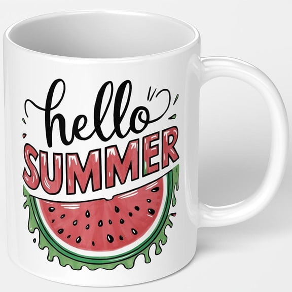 1pc Hello Summer Cup 11oz 340ml White Ceramic Mug with Watermelon design Dishwasher Coffee Cup Hot Cold Drinks Birthday Beach Party Wedding Office Sum