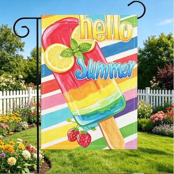 1pc Watercolor Style Hello Summer Ice Pop Lemon Strawberry Print Garden Flag,Double Sided Printing,Garden Decoration for Summer Festival Party,12x18 Inch,Flagpole Not Included,Thanksgiving Gift