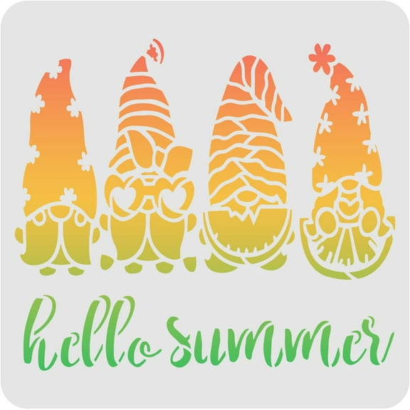 1pc Hello Summer Stencil 11.8x11.8 inch Summer Gnome Elf Stencil Summer Watermelon Drawing Stencil Reusable Small Dwarf Stencil for Painting on Wood Tile Paper Fabric Floor Wall White DIY