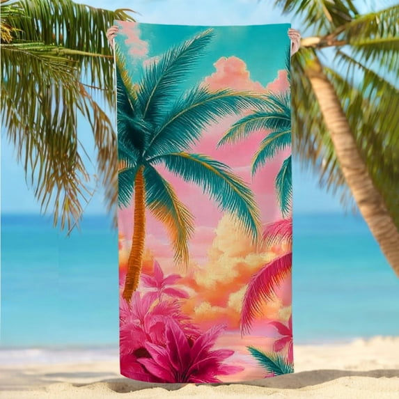 1pc Hibiscus and Palm Trees Beach Towel-30*60inch, Stain and Sand Resistant, Quick Drying, Windproof&Sun Protective-Modern Style-Suitable for Travel, Picnic, Outdoor Vacation