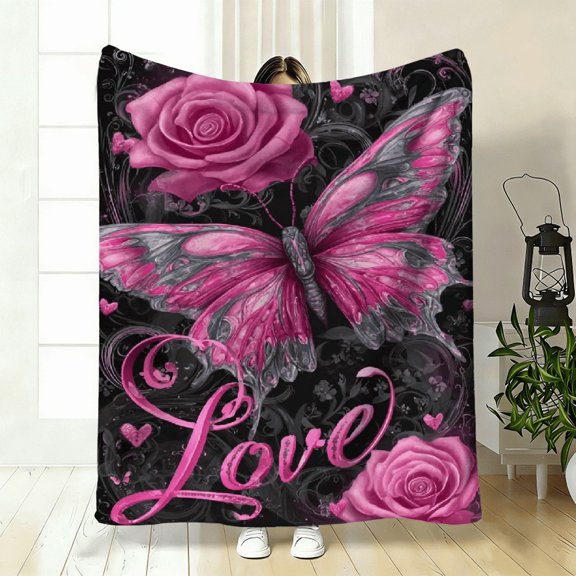 1pc a High-Definition Printed Blanket Featuring Butterflies And Roses. This Cozy And Warm Flannel Blanket Is Perfect for Travel, Camping, Or Use on a Sofa, in The Living Room, on a Couch, Chair
