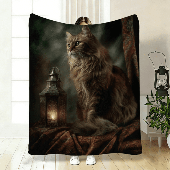 1pc a High-Definition Printed Blanket Featuring a Cat And a Lantern. These Soft And Cozy Flannel Blankets Are Perfect for Travel, Camping, Or Use on a Sofa, in The Living Room, on a Couch