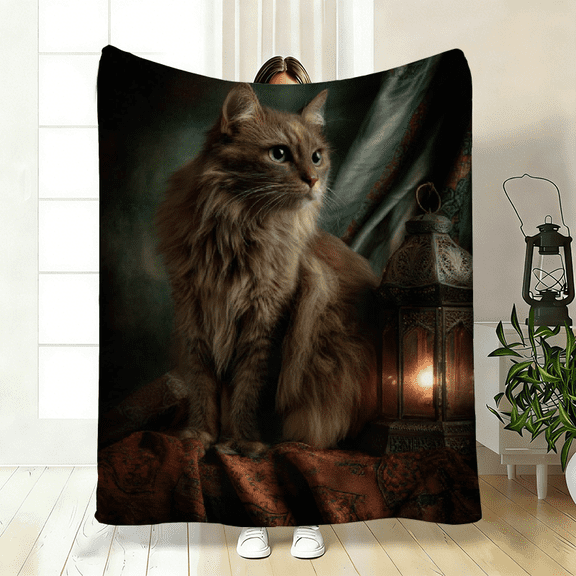 1pc a High-Definition Printed Blanket Featuring a Cat And a Lantern. These Soft And Cozy Flannel Blankets Are Perfect for Travel, Camping, Or Use on a Sofa.