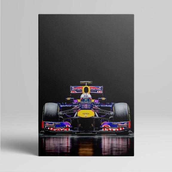 1pc High - Resolution Formula One Racing Car Canvas Wall Art, Featuring a Vibrant Red Bull - Branded Race Car with Driver in Cockpit, against a Dramatic Black Background, framed Decor room hanging