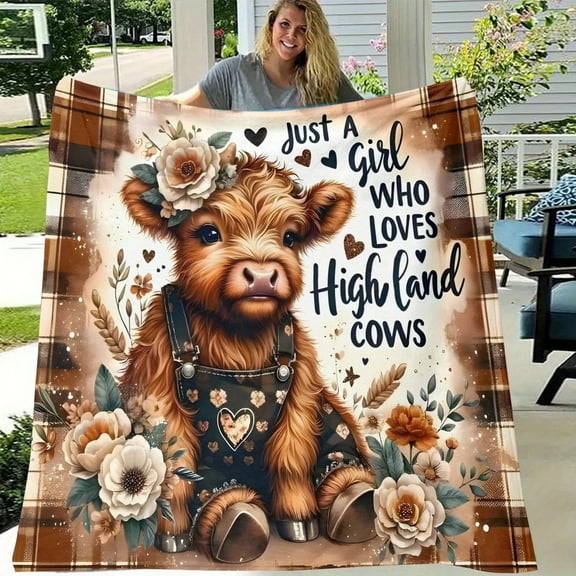 1pc Highland Cow Flannel Blanket - Floral & Heart Print, Soft All-Season Throw for Camping, Sofa, Bed, Office - Cozy Home Decor & Holiday Gift