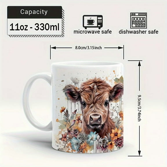 1pc Highland Cow And Floral Pattern Ceramic Mug, Portable Wide Mouth Coffee Mug, Suitable For Cafes, Summer And Winter Drinkware, Christmas/Thanksgiving, Holiday Gifts, Birthday Gifts, Party Gifts,