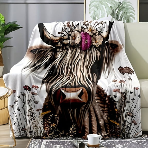 1pc Highland Cow & Floral Print Wagon Flannel Throw Blanket - Cozy, Soft, Hypoallergenic, All-Season Comfort for Sofa, Bed, Car, Office, Camping - Ideal Holiday & Birthday Gift, Machine Washable