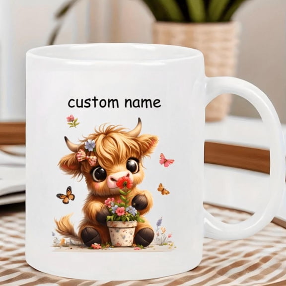1pc Highland Cow Mug Personalized Custom Name Text Cute Scottish Cow with Flowers Hearts Heavy Duty Ceramic Coffee Cup Non Slip Base Birthday Valentin