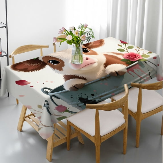 1pc Highland Cow Rose Print Tablecloths for dining table, Machine-Made ...