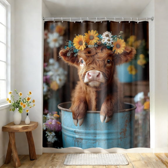 1pc Highland Cow Shower Curtain, Farmhouse Rustic Floral Funny Cute Highland Cow Shower Curtains, Western Cow Bull Animal Wildflower Country Farm Animal Bathroom Decor, XL Shower Curtain(180×180cm-A)