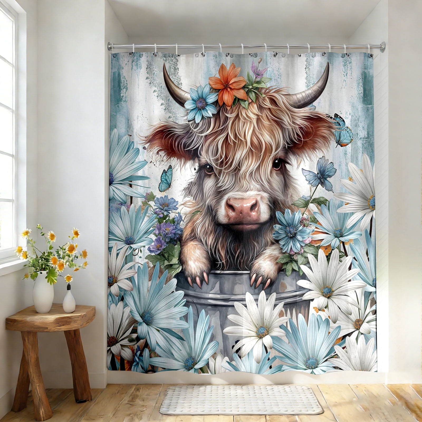 1pc Highland Cow Shower Curtain, Farmhouse Rustic Floral Funny Cute