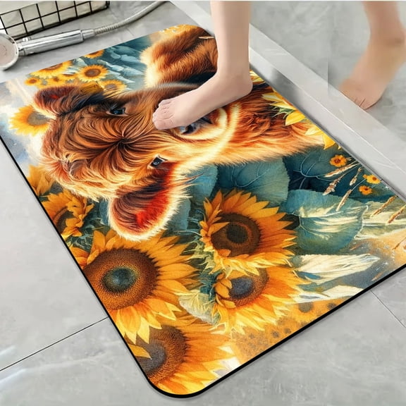 1pc Highland Cow with Sunflowers Bathroom Rug Bathroom Decor and Accessories- Durable,Anti Slip,And Quick Drying,Suitable For Indoor/outdoor Use - Perfect For Bathrooms,Bedrooms,Kitchens