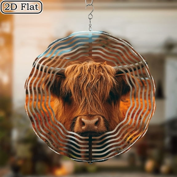 1pc Highland Cow Wind Spinner Scottish Farmhouse Decor with Red Flowers, 10-Inch Metal Wind-Powered Rotating Chains, Garden, Patio, Fence Rustic Outdoor Yard Art Decoration, Highland Cow