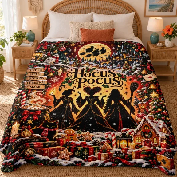 1pc Hocus Pocus Christmas Flannel Blanket, Sanderson Sisters Witch Holiday Throw with Black Cat, Broom, Magic Cauldron, Gingerbread House & Snowy Christmas Print