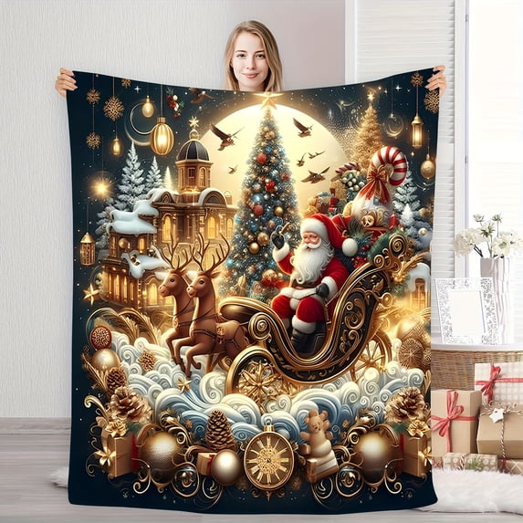 1pc Holiday Santa Claus Reindeer Sleigh Christmas Tree Elements Flannel Fleece Blanket - Soft, Warm And Cozy, Great for Sofa, Bed, Office And Travel - Multipurpose Seasonal Gift for Thanksgiving, Hal