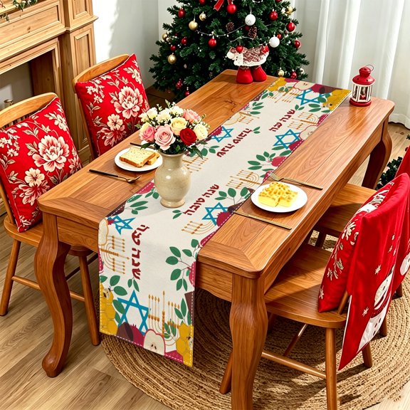 1pc Honeycomb Pomegranate Menorah Jewish Print Table Runner, Rosh Hashanah Commercial Decor, Festival Photoshoot Gift Thanksgiving Christmas