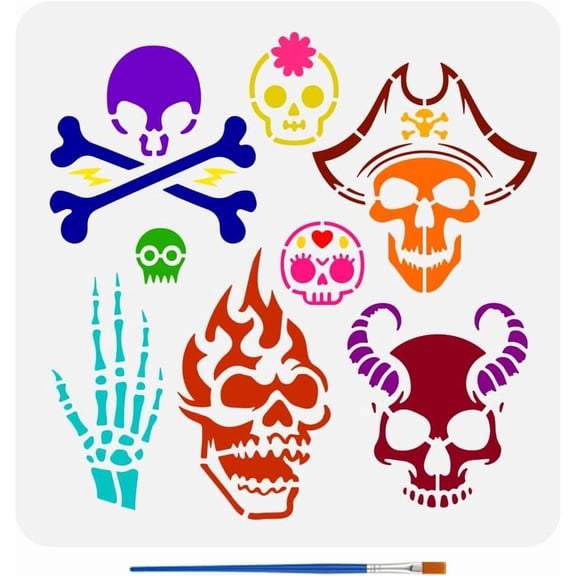 1pc Horror Cool Flame Template with Brush 11.8x11.8inch Plastic PET Painting Stencil Skulls Hand Bones Cute Skulls Pirates Demons Painting Stencil for DIY Crafts Black