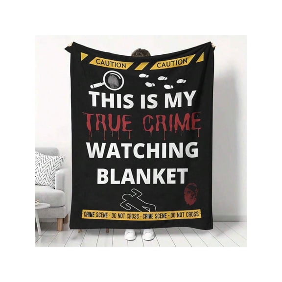 1pc Horror Themed True Crime Watching Flannel Blanket, Soft Black with Red&White Bold Text, Mystery Detective Lovers Gift, All-Season Cozy for Bed Sofa Camping