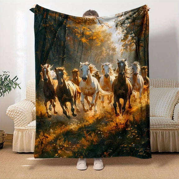 1pc Horses Running Forest Print Soft Flannel Throw Blanket Lightweight All Season Machine Washable Outdoor Camping Sofa Bed Chair Couch Office Decor 4 Seasons Cozy Blanket for Home & Travel