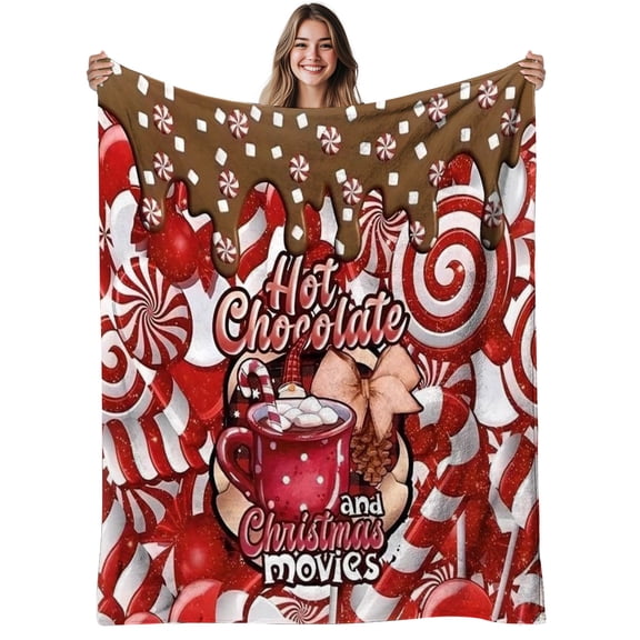 1pc Hot Chocolate and Candy Flannel Blanket - Soft and Warm All-Season Cozy Blanket with Festive Candy Bar