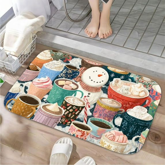1pc Hot Drinks in Festive Cups Absorbent Non-Slip Bathroom Thickened Flannel Rug Decor,Soft,Quick Drying,Suitable For Indoor/outdoor Use,Bathrooms,Bedrooms,Kitchens,Terrace,Laundry Rooms,16"x24"