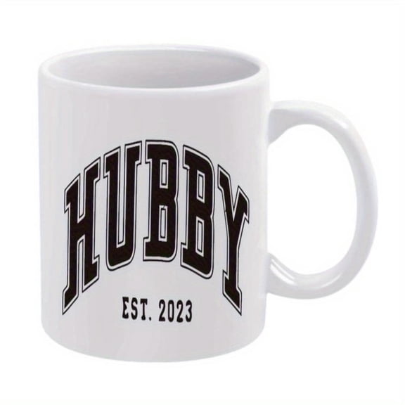 1pc Hubby 2023 Ceramic Mug 11oz Ideal Holiday Birthday Christmas Summer Gifts White with Bold Black Lettering Smooth Glossy Finish Durable Stylish Drinkware