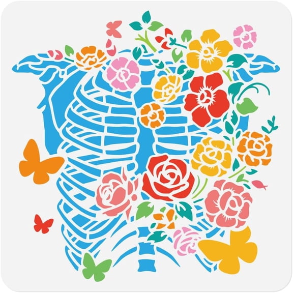 1pc Human Ribcage Flowers Journal Stencil for Painting 11.8x11.8 Skeleton Floral Plastic Reusable Stencil for Halloween Paint Template DIY Craft Art Stencil on Wall Wood Canvas
