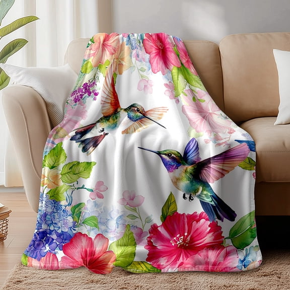 1pc Hummingbird Flowers Throw Blanket Colorful Watercolor Birds Floral Blanket Soft Bird Flying with Flower Printed Flannel Fleece Blanket for Office Bedroom Living Room Sofa Chair 51x59 Inch Fibre