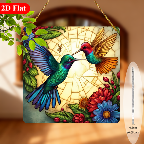 1pc Hummingbird Suncatcher Window Plaque Stained--Style Multicolor Iridescent Square Panel with Green, Blue, Red, Turquoise, Pink Hues FramelessTale Bird Decor for Porch, Garden, Home