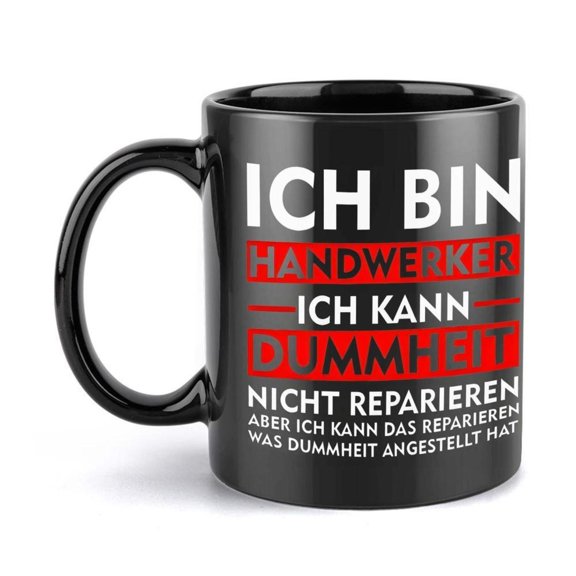 1pc Humorous Craftsman German Quote Ceramic Mug 11oz Funny Coffee Cup with Repairman Theme Birthdays Holidays Black with White Text Holiday Mug Witty