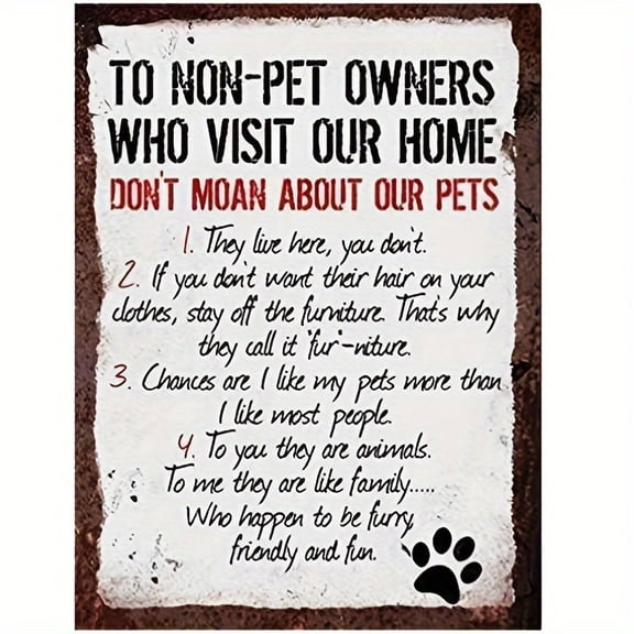 1pc Humorous Non-Pet Owners Beware Tin Sign - 8x12" Durable Metal Wall Decor with Playful Pet Rules, Perfect Gift for Dog & Cat Lovers, Dog Wall Decor, Perfect for Room Decor