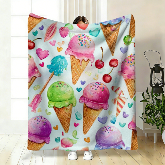 1pc Ice Cream Pattern Collage HD Printed Blanket. Soft and Warm Flannel Blankets for Travel, Camping, Sofa, Livingroom, Couch, Chair, Bed. Gift for Family or Friends 280GSM 3 Sizes Available.