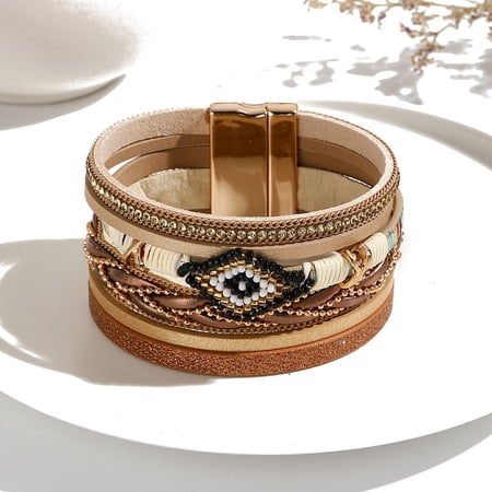 1pc Imitation Leather Crod Multi-strand Bracelet Bohemia Bracelets for Women Rhombus Glass Seed Beads Bracelet Bohemia Bracelets with Clasps Goldenrod 7-5/8 inch(19.5cm)